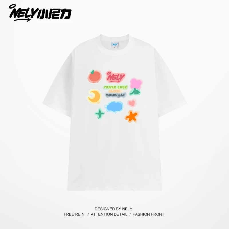 NELY Little Nili National Tide Brand Couple Color Graffiti Cartoon Print Short Sleeve Men and Women 2025 New Summer T-shirt