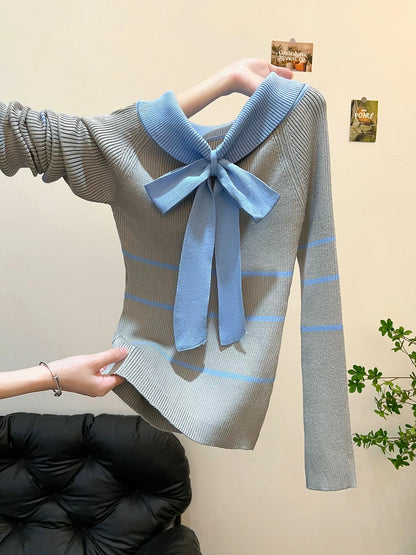 Color-blocked bow tie long-sleeved knit top for women, new autumn style, high-end Korean fashion, perfect for layering.