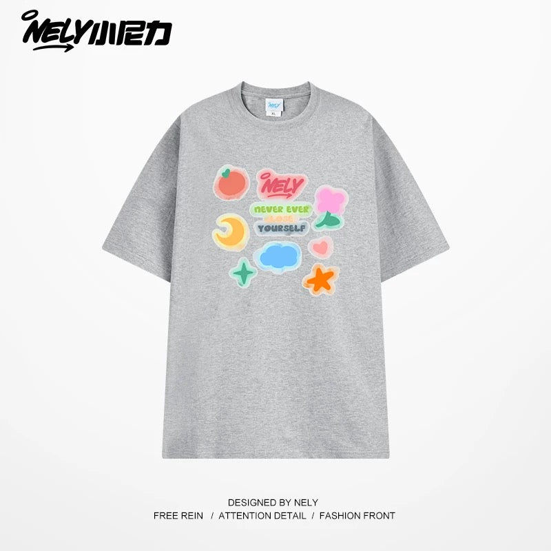 NELY Little Nili National Tide Brand Couple Color Graffiti Cartoon Print Short Sleeve Men and Women 2025 New Summer T-shirt