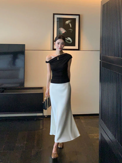 Pusumede Black Satin High-End Midi Skirt for Women, Summer Long Skirt, Elegant and Slimming Fishtail Skirt
