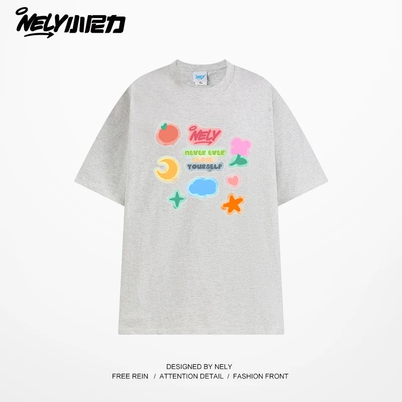 NELY Little Nili National Tide Brand Couple Color Graffiti Cartoon Print Short Sleeve Men and Women 2025 New Summer T-shirt