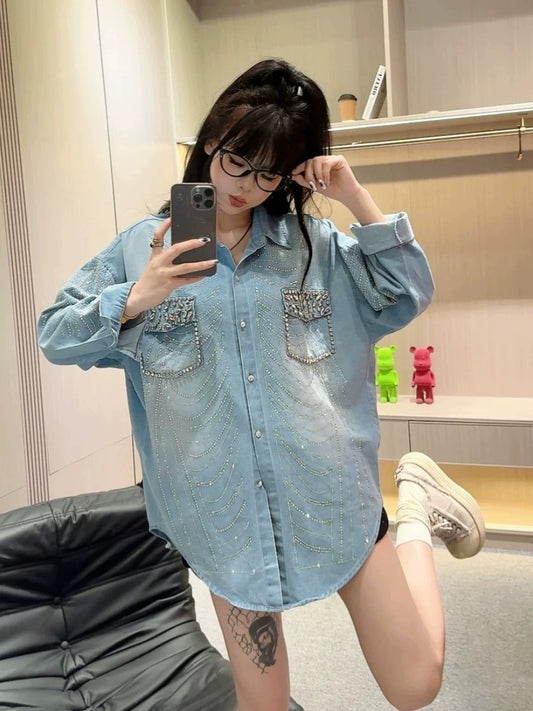 European fashion brand heavy industry hot diamond blue denim jacket shirt for women 2024 early spring new loose street style women's clothing