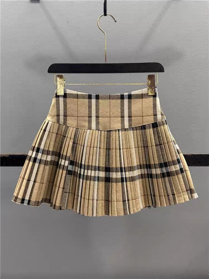 Women's Preppy Style Plaid Wool-Blend A-Line Pleated Mini Skirt – High-Waisted, Slimming, Youthful Look (2026 Autumn/Winter New Arrival)