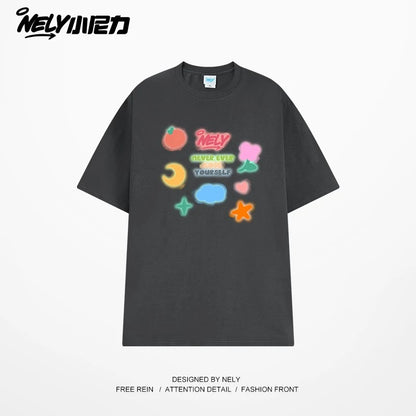 NELY Little Nili National Tide Brand Couple Color Graffiti Cartoon Print Short Sleeve Men and Women 2025 New Summer T-shirt