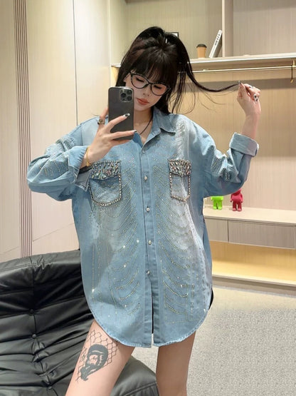 European fashion brand heavy industry hot diamond blue denim jacket shirt for women 2024 early spring new loose street style women's clothing