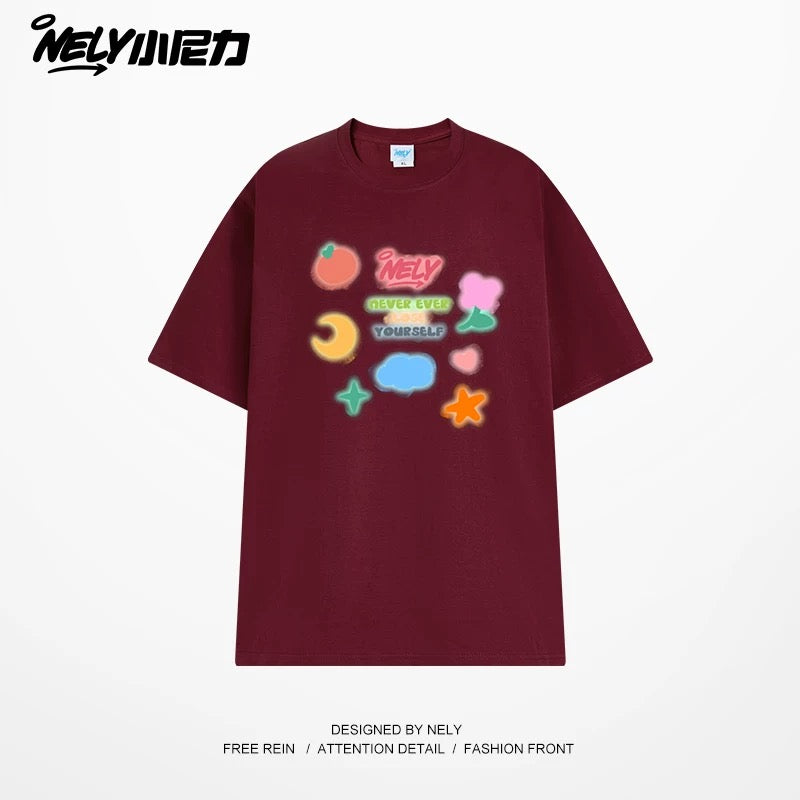 NELY Little Nili National Tide Brand Couple Color Graffiti Cartoon Print Short Sleeve Men and Women 2025 New Summer T-shirt