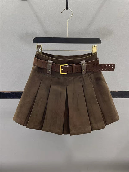 Women's Retro Faux Suede Pleated Skirt – 2026 Autumn/Winter New Arrival: Preppy Style, High-Waisted, Slimming, Versatile A-Line Mini Skirt
