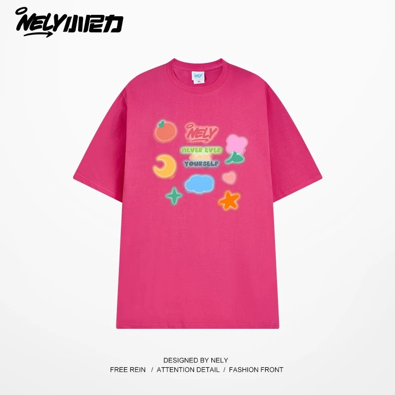 NELY Little Nili National Tide Brand Couple Color Graffiti Cartoon Print Short Sleeve Men and Women 2025 New Summer T-shirt