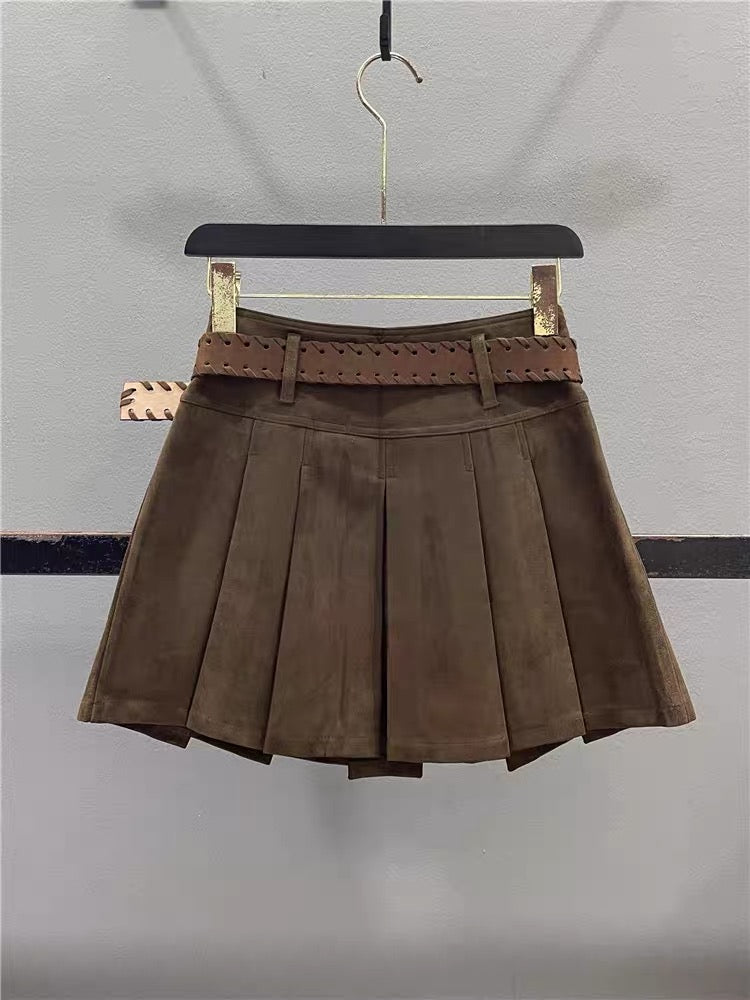 Women's Retro Faux Suede Pleated Skirt – 2026 Autumn/Winter New Arrival: Preppy Style, High-Waisted, Slimming, Versatile A-Line Mini Skirt