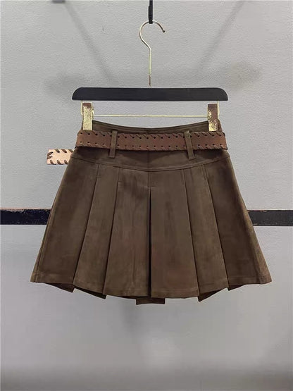 Women's Retro Faux Suede Pleated Skirt – 2026 Autumn/Winter New Arrival: Preppy Style, High-Waisted, Slimming, Versatile A-Line Mini Skirt