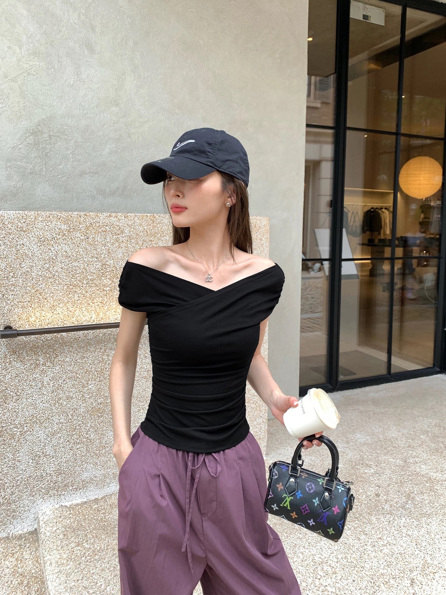Pusumede Sexy Factor Crossover V-neck Short-sleeved T-shirt for Women - Stylish Design, Slim Fit, Unique Knit Top