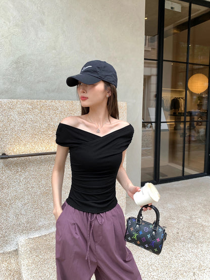 Pusumede Sexy Factor Crossover V-neck Short-sleeved T-shirt for Women - Stylish Design, Slim Fit, Unique Knit Top