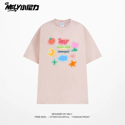NELY Little Nili National Tide Brand Couple Color Graffiti Cartoon Print Short Sleeve Men and Women 2025 New Summer T-shirt