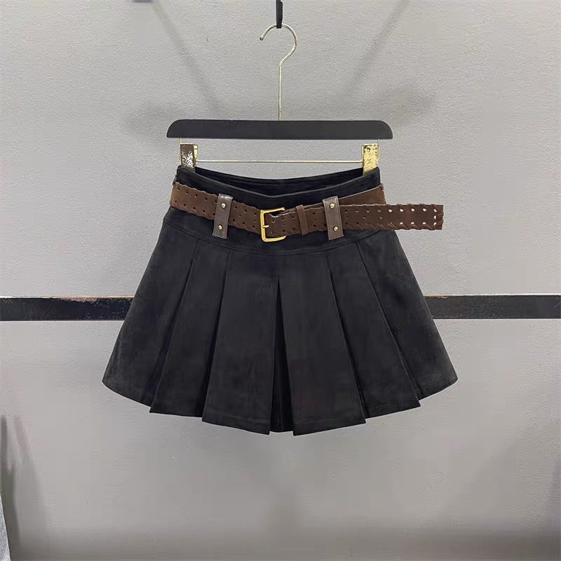 Women's Retro Faux Suede Pleated Skirt – 2026 Autumn/Winter New Arrival: Preppy Style, High-Waisted, Slimming, Versatile A-Line Mini Skirt