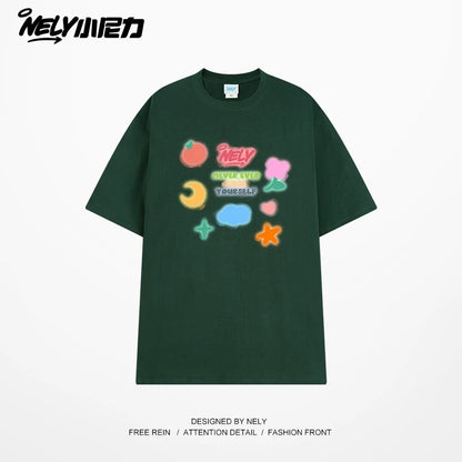 NELY Little Nili National Tide Brand Couple Color Graffiti Cartoon Print Short Sleeve Men and Women 2025 New Summer T-shirt