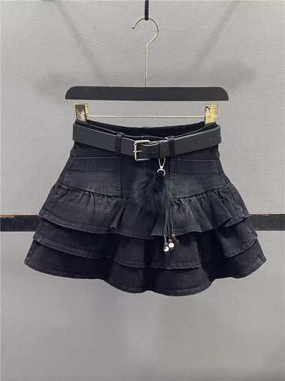 Women's Retro Ruffled Denim A-Line Tiered Mini Skirt – Fall 2026 Style (Flattering, Slimming, Petite-Friendly, Edgy/Chic)