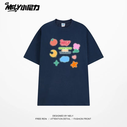 NELY Little Nili National Tide Brand Couple Color Graffiti Cartoon Print Short Sleeve Men and Women 2025 New Summer T-shirt