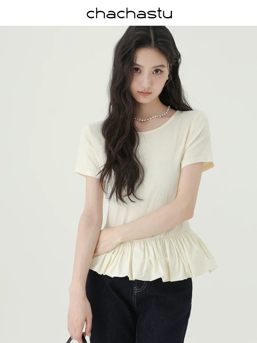 CHACHASTU French-style irregular short-sleeved round neck knit T-shirt for women, summer style, waist-slimming and flattering outerwear.