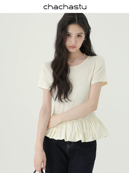 CHACHASTU French-style irregular short-sleeved round neck knit T-shirt for women, summer style, waist-slimming and flattering outerwear.