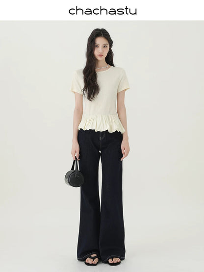 CHACHASTU French-style irregular short-sleeved round neck knit T-shirt for women, summer style, waist-slimming and flattering outerwear.