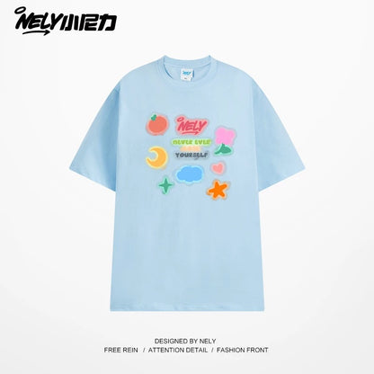NELY Little Nili National Tide Brand Couple Color Graffiti Cartoon Print Short Sleeve Men and Women 2025 New Summer T-shirt