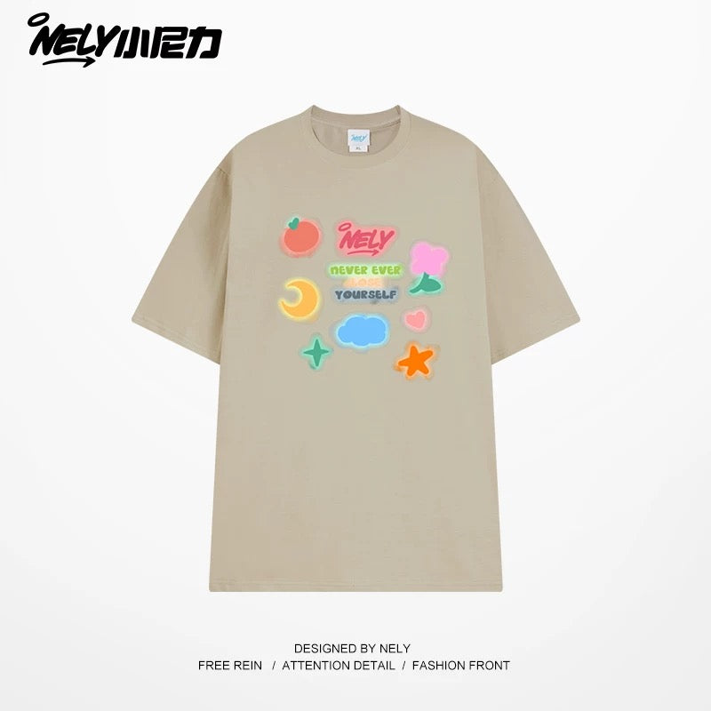 NELY Little Nili National Tide Brand Couple Color Graffiti Cartoon Print Short Sleeve Men and Women 2025 New Summer T-shirt