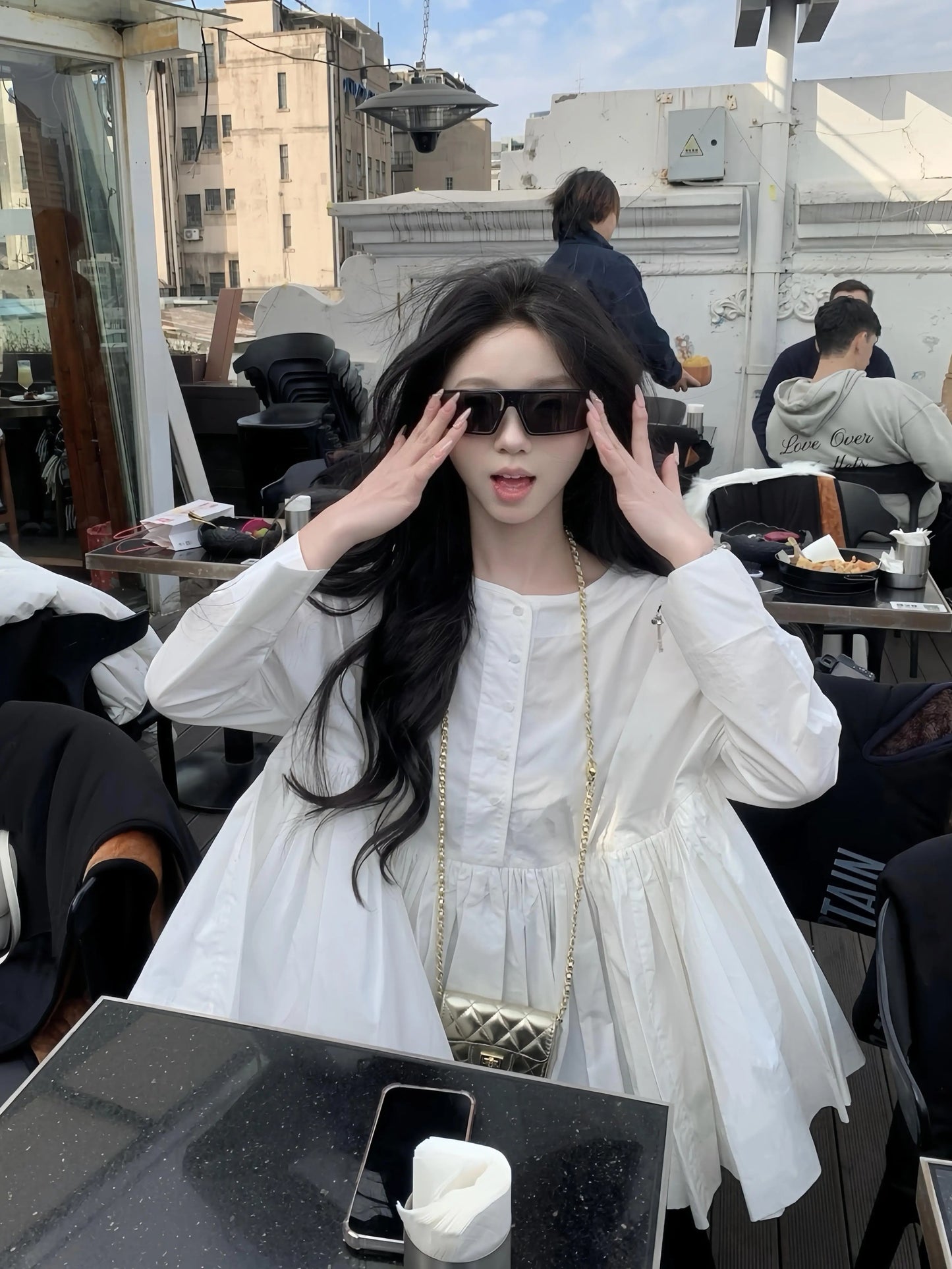 Zhang Baobao's Extra Heavyweight Babydoll Shirt, White Long-Sleeved Shirt, Large Flow, Japanese Style Loose Retro Babydoll Shirt