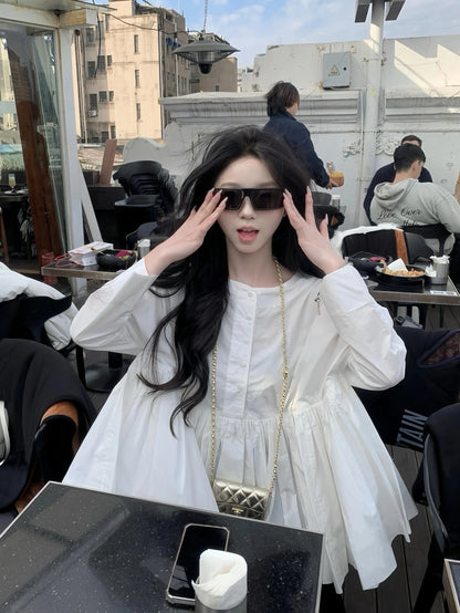 Zhang Baobao's Extra Heavyweight Babydoll Shirt, White Long-Sleeved Shirt, Large Flow, Japanese Style Loose Retro Babydoll Shirt