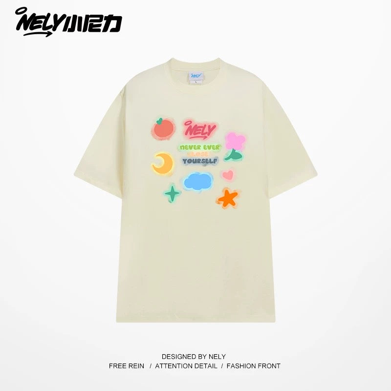 NELY Little Nili National Tide Brand Couple Color Graffiti Cartoon Print Short Sleeve Men and Women 2025 New Summer T-shirt