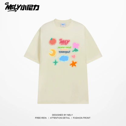 NELY Little Nili National Tide Brand Couple Color Graffiti Cartoon Print Short Sleeve Men and Women 2025 New Summer T-shirt
