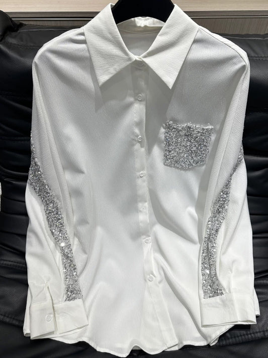 Niche design heavy-duty white sequined patchwork shirt for women 2024 summer new casual sun protection shirt top