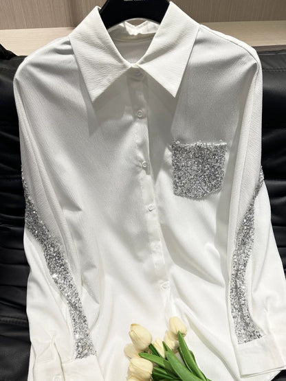Niche design heavy-duty white sequined patchwork shirt for women 2024 summer new casual sun protection shirt top