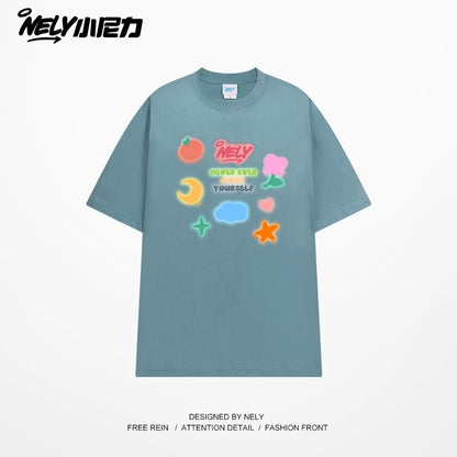 NELY Little Nili National Tide Brand Couple Color Graffiti Cartoon Print Short Sleeve Men and Women 2025 New Summer T-shirt