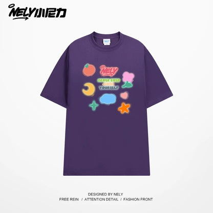 NELY Little Nili National Tide Brand Couple Color Graffiti Cartoon Print Short Sleeve Men and Women 2025 New Summer T-shirt