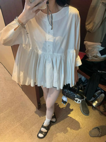 Zhang Baobao's Extra Heavyweight Babydoll Shirt, White Long-Sleeved Shirt, Large Flow, Japanese Style Loose Retro Babydoll Shirt