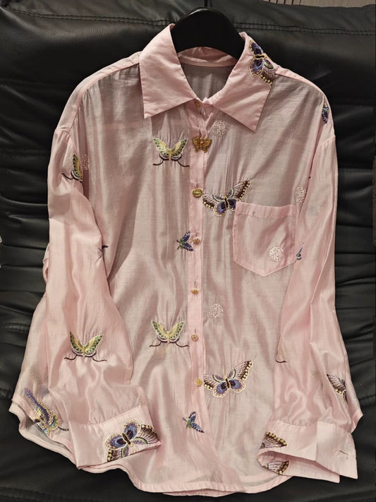 2024 Summer New Heavy Industry Embroidered Butterfly Long Sleeve Shirt Women's Loose Fashionable Versatile Casual Style Sun Protection Shirt
