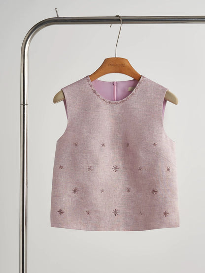 French style heavy beaded short-sleeved vest shirt skirt suit 2025 new style female summer temperament wear
