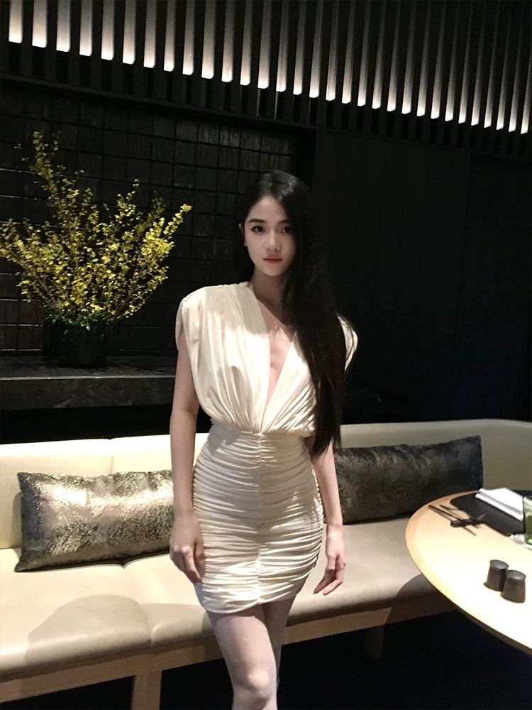 GYOKUU Off-white Stretch Knit Pleated Dress