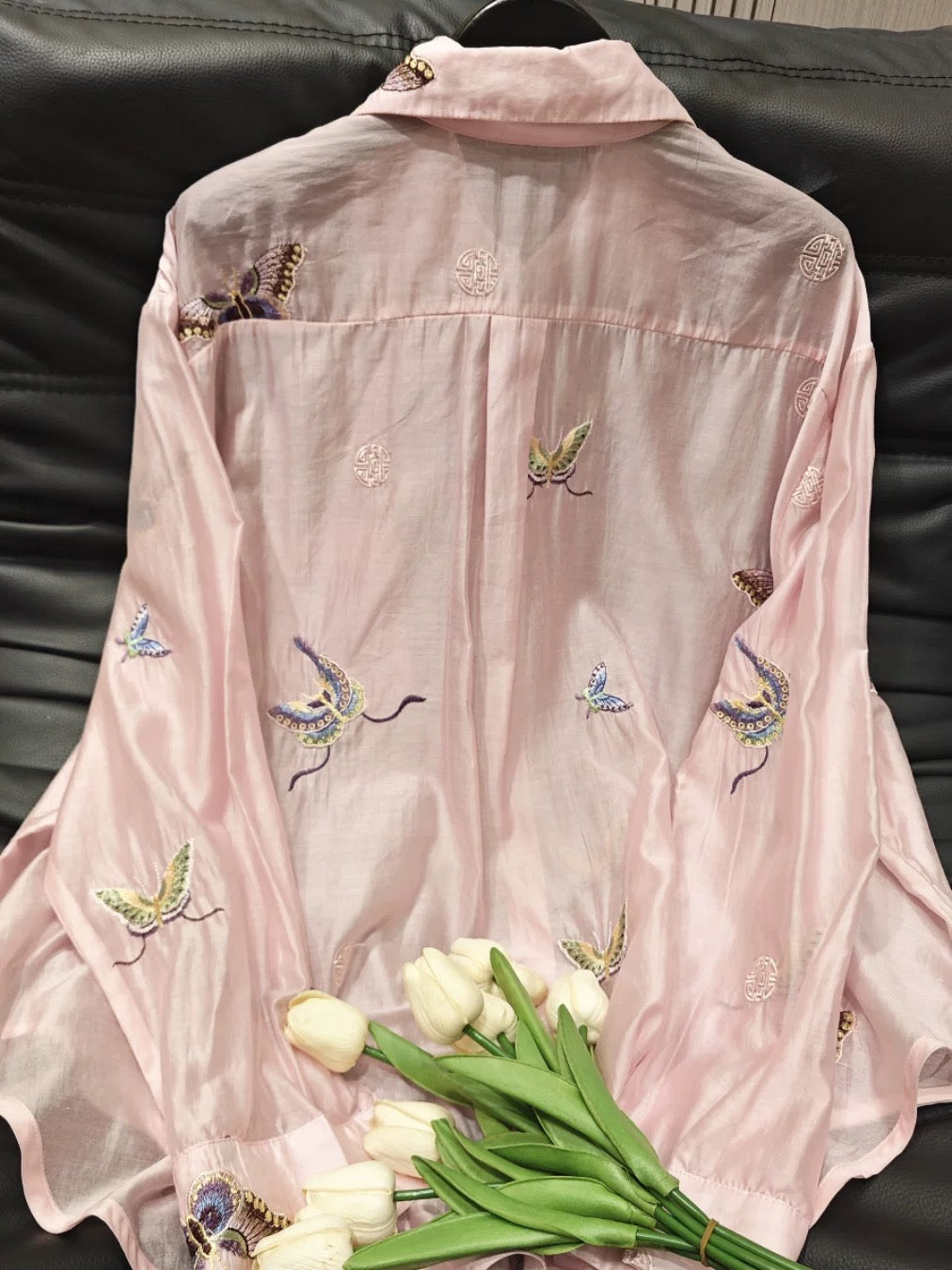 2024 Summer New Heavy Industry Embroidered Butterfly Long Sleeve Shirt Women's Loose Fashionable Versatile Casual Style Sun Protection Shirt