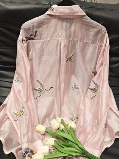 2024 Summer New Heavy Industry Embroidered Butterfly Long Sleeve Shirt Women's Loose Fashionable Versatile Casual Style Sun Protection Shirt