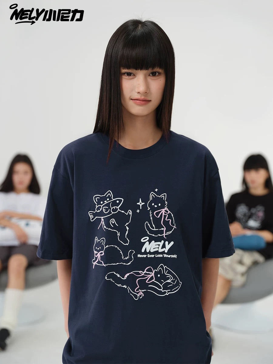NELY Little Nelly Bow Cat Print Short Sleeve T-shirt Men and Women 2025 Summer New Cotton Couple Tops