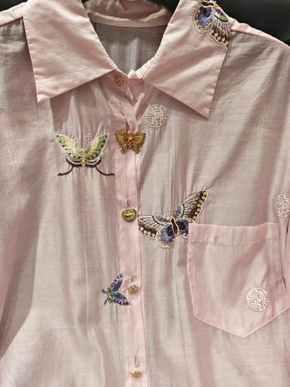 2024 Summer New Heavy Industry Embroidered Butterfly Long Sleeve Shirt Women's Loose Fashionable Versatile Casual Style Sun Protection Shirt