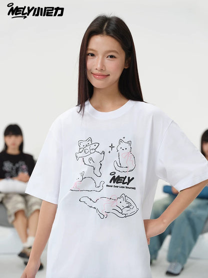 NELY Little Nelly Bow Cat Print Short Sleeve T-shirt Men and Women 2025 Summer New Cotton Couple Tops