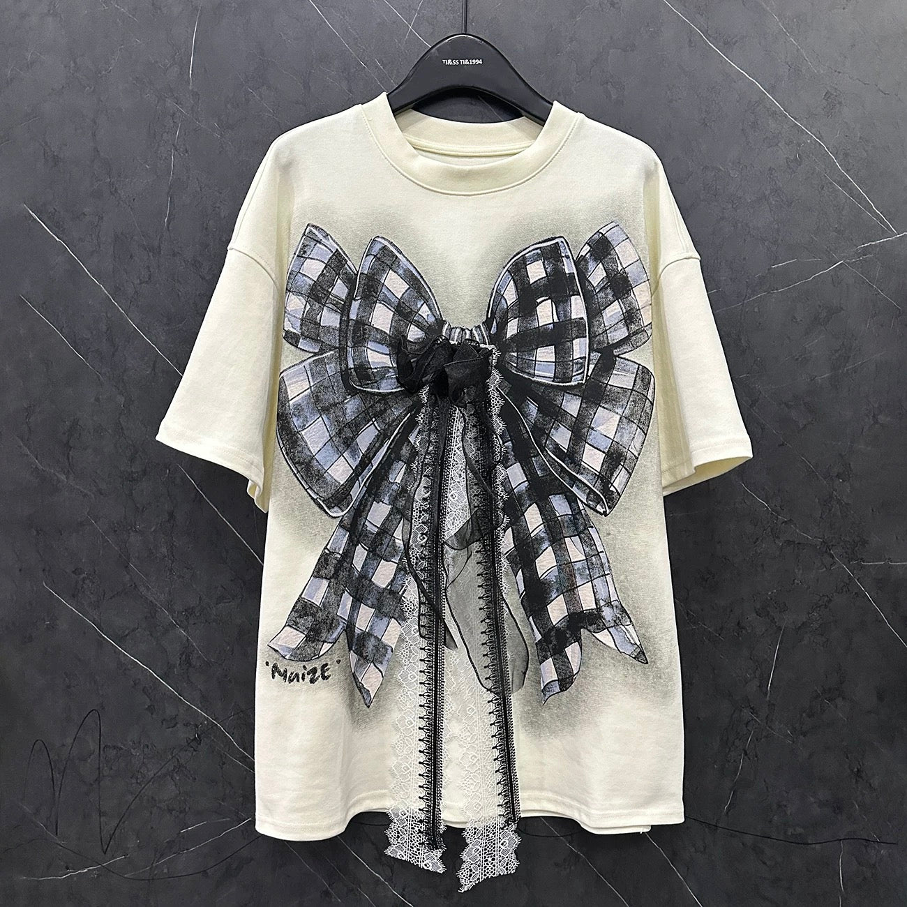 2025 spring new heavy industry three-dimensional lace bow thickened short-sleeved T-shirt women's loose casual half-sleeved top