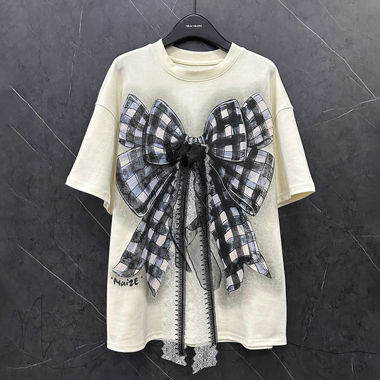 2025 spring new heavy industry three-dimensional lace bow thickened short-sleeved T-shirt women's loose casual half-sleeved top
