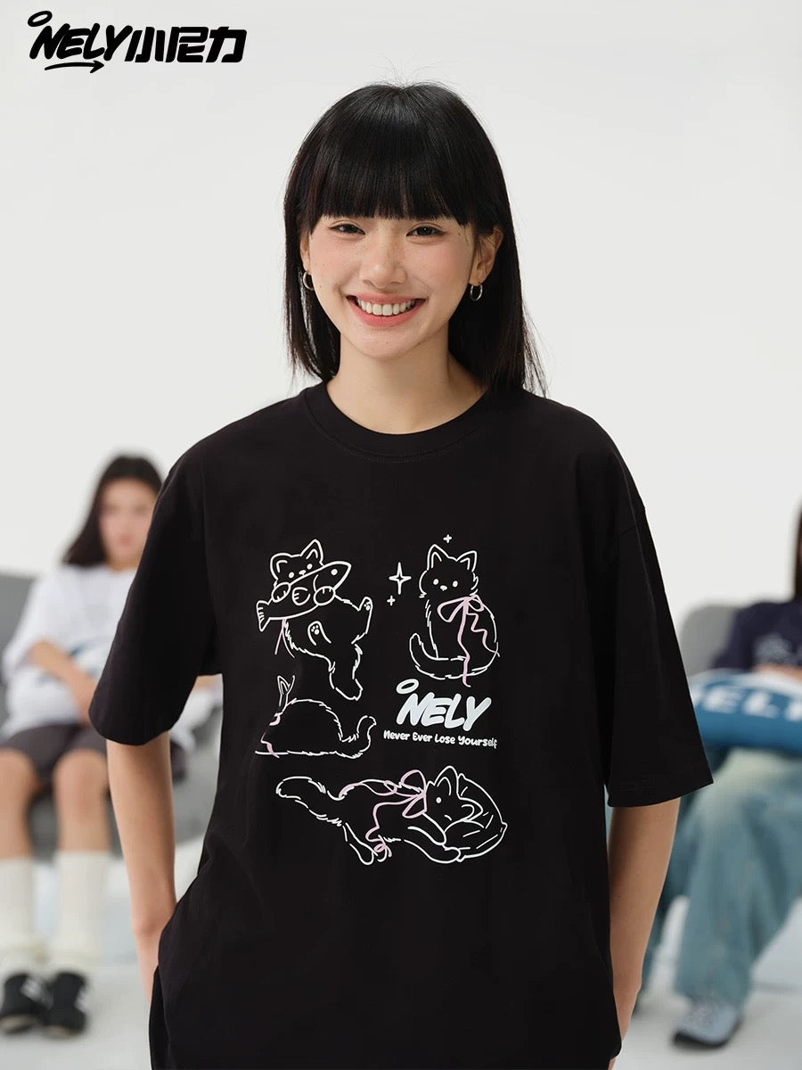 NELY Little Nelly Bow Cat Print Short Sleeve T-shirt Men and Women 2025 Summer New Cotton Couple Tops