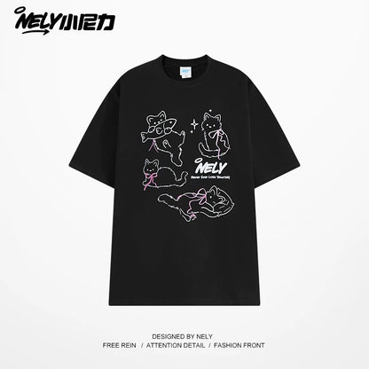 NELY Little Nelly Bow Cat Print Short Sleeve T-shirt Men and Women 2025 Summer New Cotton Couple Tops