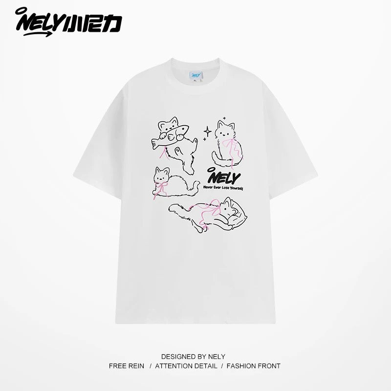 NELY Little Nelly Bow Cat Print Short Sleeve T-shirt Men and Women 2025 Summer New Cotton Couple Tops