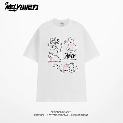 NELY Little Nelly Bow Cat Print Short Sleeve T-shirt Men and Women 2025 Summer New Cotton Couple Tops