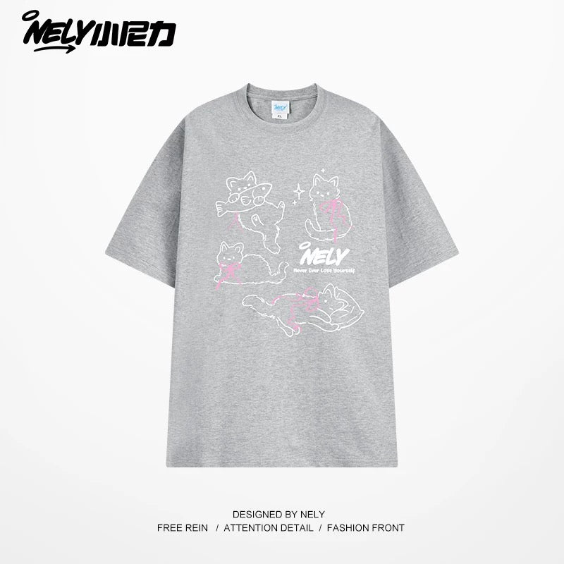 NELY Little Nelly Bow Cat Print Short Sleeve T-shirt Men and Women 2025 Summer New Cotton Couple Tops